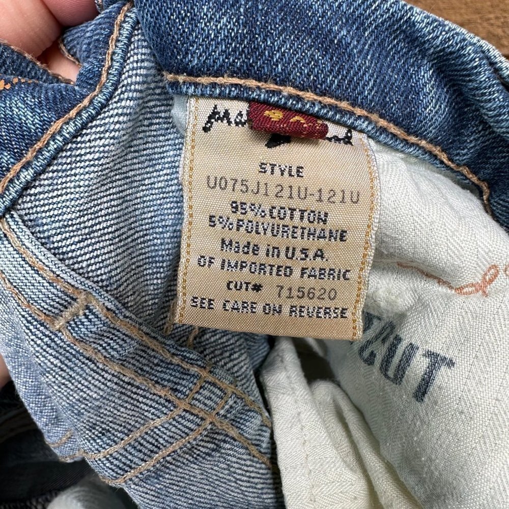 7 for All Mankind Destroyed Bootcut Worked in Low Rise Blue Jeans Size 30 - Picture 5 of 10